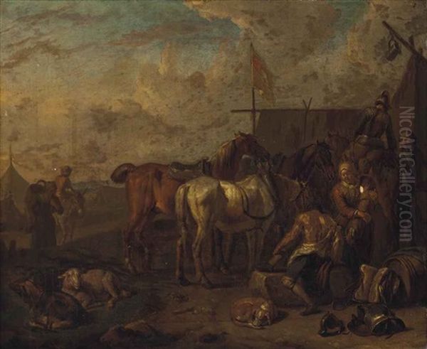 An Encampment With Soldiers And Horses At Rest Oil Painting by Pieter van Bloemen