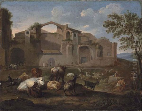 The Baths Of Diocletian, Rome, With Drovers And Their Cattle In The Foreground Oil Painting by Pieter van Bloemen