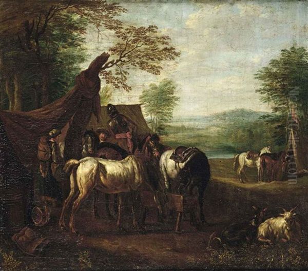 A Cavalry Setting Up Camp Oil Painting by Pieter van Bloemen