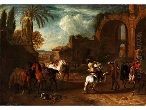 Reitschule Vor Einer Italienischen Stadt Mit Altem Gemauer Oil Painting by Pieter van Bloemen