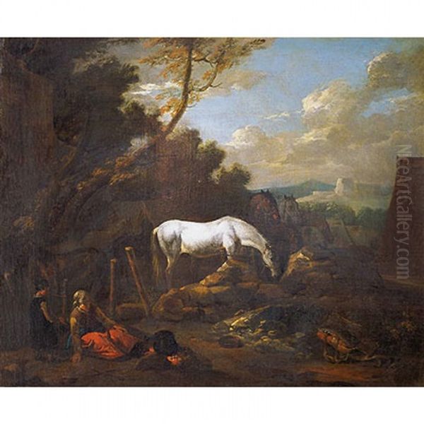 Campesina Con Su Hijo Junto A Un Hogar Vigilando Un Grupo De Caballos Oil Painting by Pieter van Bloemen