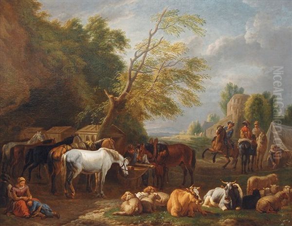 A Cavalry Camp Oil Painting by Pieter van Bloemen