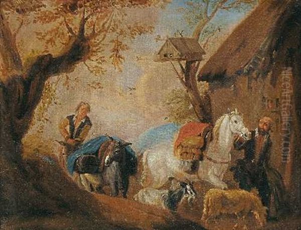 Zwei Bauern Mit Pferd, Eseln Und Ziegen Oil Painting by Pieter van Bloemen