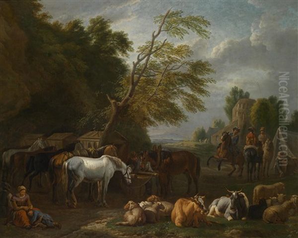 Ein Kavallerielager In Landlicher Umgebung Oil Painting by Pieter van Bloemen