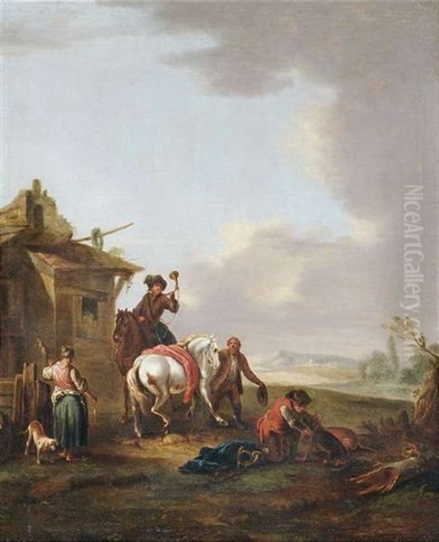 Rastende Reiter An Einem Bauernhaus Oil Painting by Pieter van Bloemen