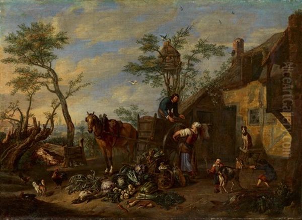 Bauer Und Bauerin Im Aufbruch Zum Gemusemarkt by Pieter van Bloemen