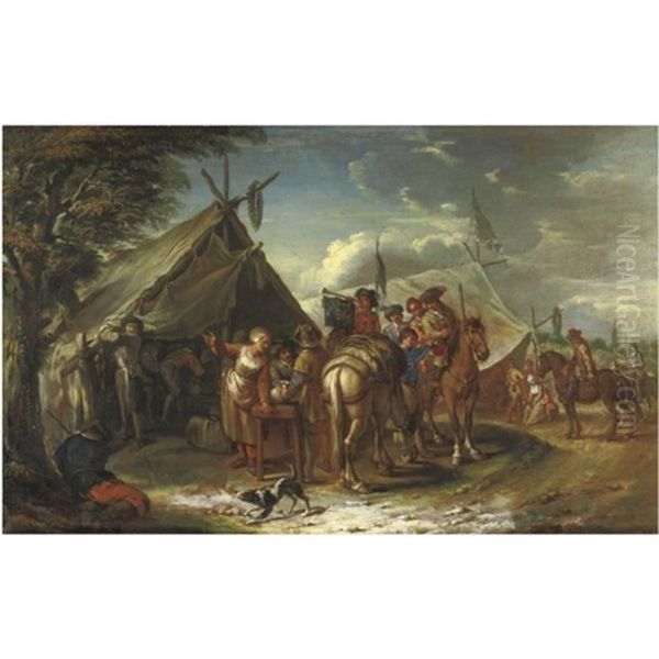 A Military Encampment With A Mounted Trumpeter And Other Horsemen Before A Sutler's Tent Oil Painting by Pieter van Bloemen