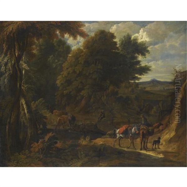 A Wooded Landscape With Herders And Their Animals On A Path, Waterfalls And A Village To The Left (+ A Wooded Landscape With Cattle Drinking From A Stream And Their Herders Resting, Various Sizes; Pair) Oil Painting by Pieter van Bloemen