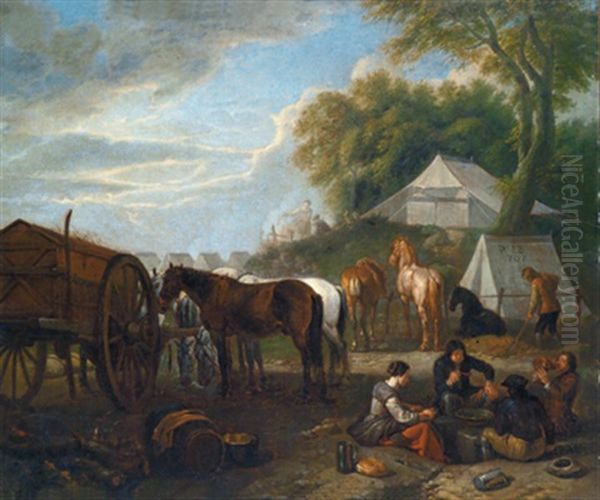 Nachtlager Von Reisenden Mit Pferden In Einer Bewaldeten Landschaft Oil Painting by Pieter van Bloemen