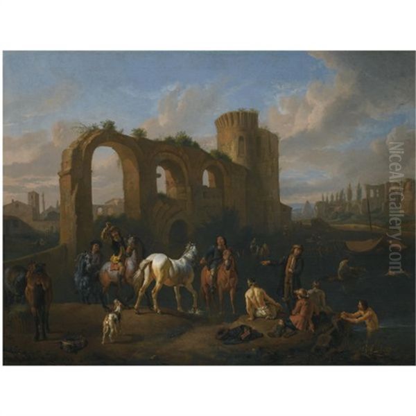 A Roman Landscape With Horsemen And Bathers At A Watering Hole, Architechtural Ruins Beyond Oil Painting by Pieter van Bloemen