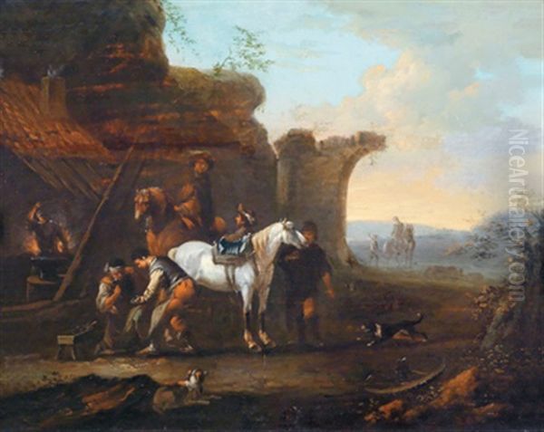 Ein Schimmel Vor Der Schmiede Oil Painting by Pieter van Bloemen