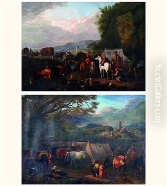 Le Campement (+ Arrivee Du Regiment, Les Cantinieres; Pair) Oil Painting by Pieter van Bloemen