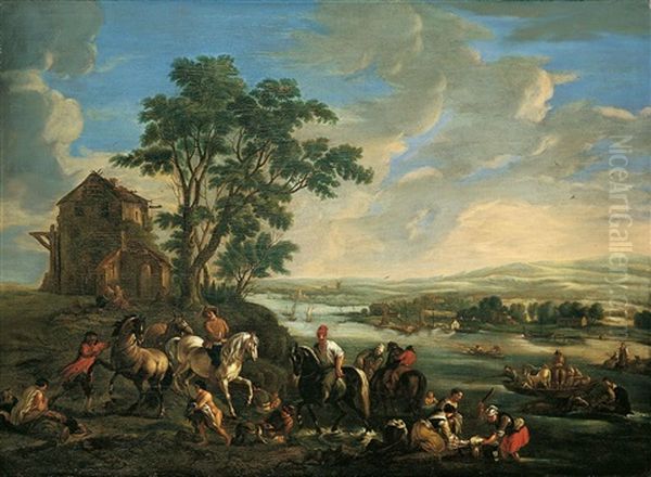 Weite Flusslandschaft Mit Reitern Und Wascherinnen Oil Painting by Pieter van Bloemen