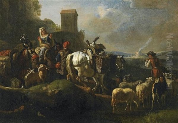 Italienische Bauern, Zum Markt Ziehend In Weiter Campagnalandschaft. Im Hintergrund Ein Kalkofen Oil Painting by Pieter van Bloemen