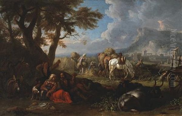 An Extensive Landscape With Harvesters Working In A Field And Others Resting Under A Tree Oil Painting by Pieter van Bloemen