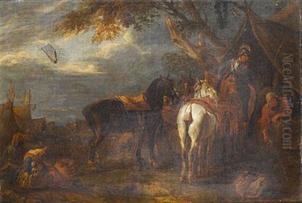 A Military Encampment With A Horseman Taking Refreshment Before A Tent Oil Painting by Pieter van Bloemen