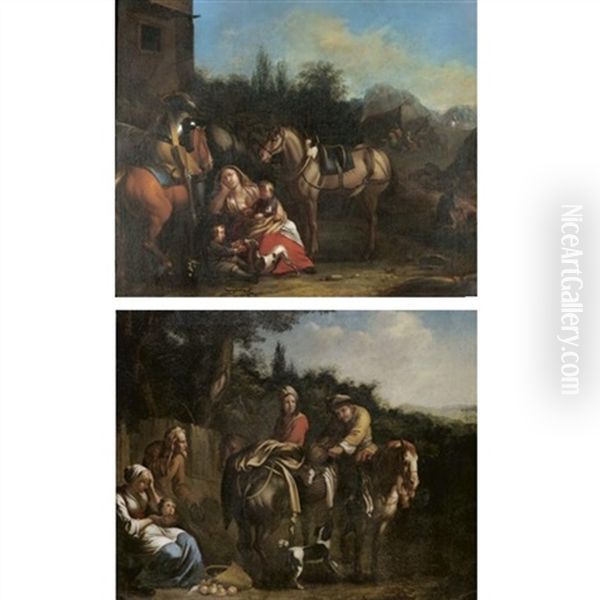 A Cavalier On Horseback Outside A Camp, A Woman Resting With Her Two Children Nearby (+ Travellers On A Path Exchanging Wares; Pair) Oil Painting by Pieter van Bloemen