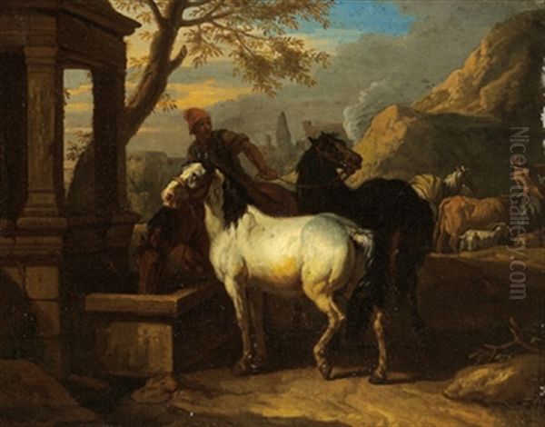 Pferde An Der Tranke In Einer Sudlichen Landschaft by Pieter van Bloemen