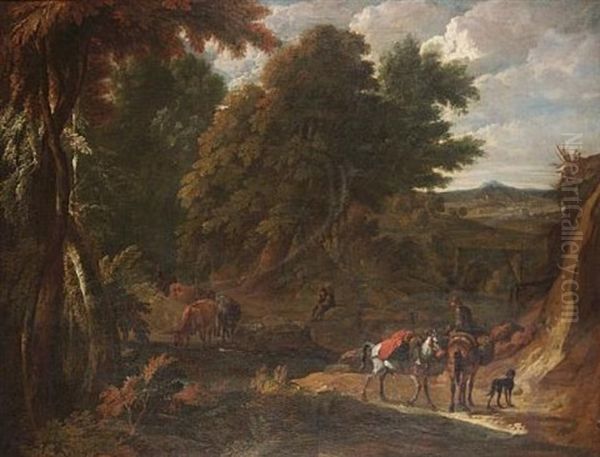 A Wooded Italianate Landscape With A Traveller On A Path And A Drover Watering His Cattle At A Stream (+ An Italianate Landscape With Travellers On A Path, A View To Tivoli Beyond; Pair) Oil Painting by Pieter van Bloemen