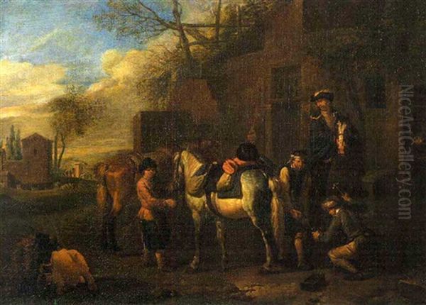 Travelers Resting At An Inn While A Farrier Replaces A Horseshoe Oil Painting by Pieter van Bloemen