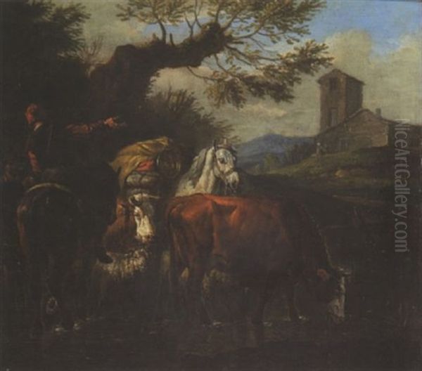 Zwei Hirten Mit Pferden, Kuhen Und Schafen Oil Painting by Pieter van Bloemen