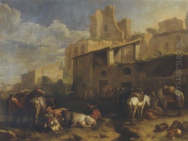 Viandanti In Sosta E Armenti Vari Davanti Ad Una Taverna Con Rovine Romane Sullo Sfondo Oil Painting by Pieter van Bloemen