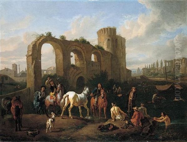 A Roman Landscape With Horsemen And Bathers At A Watering-hole, Architectural Ruins Beyond Oil Painting by Pieter van Bloemen