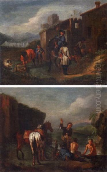 Cavalry Officers Bathing Beside Ruins In An Italianate Landscape Oil Painting by Pieter van Bloemen