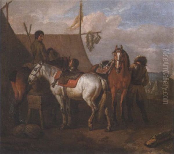 Cavalry Soldiers Beside An Inn At A Field Camp Oil Painting by Pieter van Bloemen