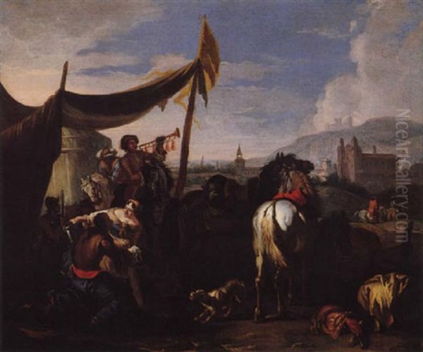 An Army Encampment With A Town Beyond Oil Painting by Pieter van Bloemen