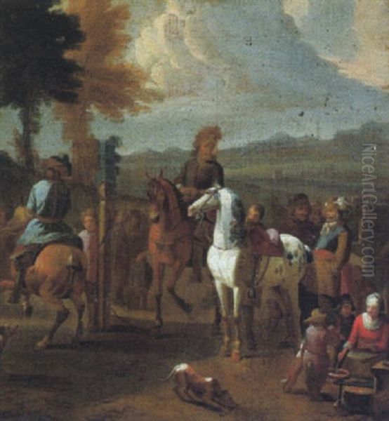 Eine Reitschule Mit Pferden Und Figuren In Einer Landschaft Oil Painting by Pieter van Bloemen