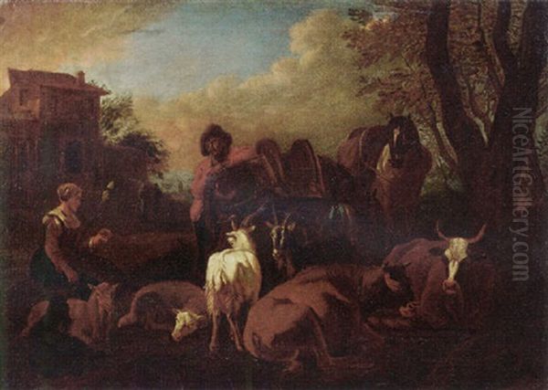 Shepherds Conversing, With Cattle, Sheep And Goats Nearby, A Mansion Beyond, In A Mountainous Landscape Oil Painting by Pieter van Bloemen