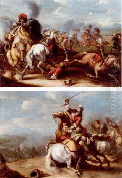 Cavalry Skirmish Oil Painting by Pieter van Bloemen