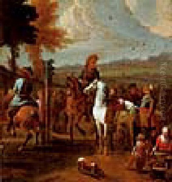 Eine Reitschule Mit Pferden Und Figuren In Einer Landschaft Oil Painting by Pieter van Bloemen