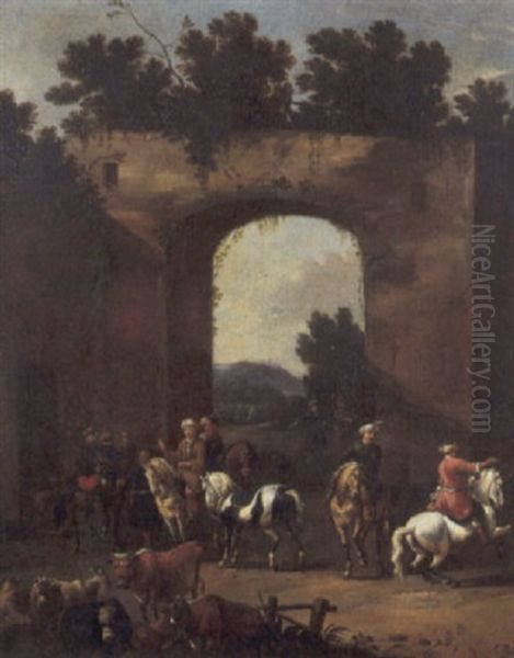 Cavalieri E Astanti Turchi Presso Rovine Romane, Con Armenti In Primo Piano Oil Painting by Pieter van Bloemen