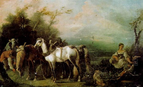 Rastende Reiter Und Pferde Am Waldrand Oil Painting by Pieter van Bloemen