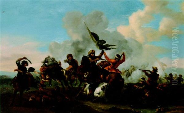 A Cavalry Battle Oil Painting by Pieter van Bloemen