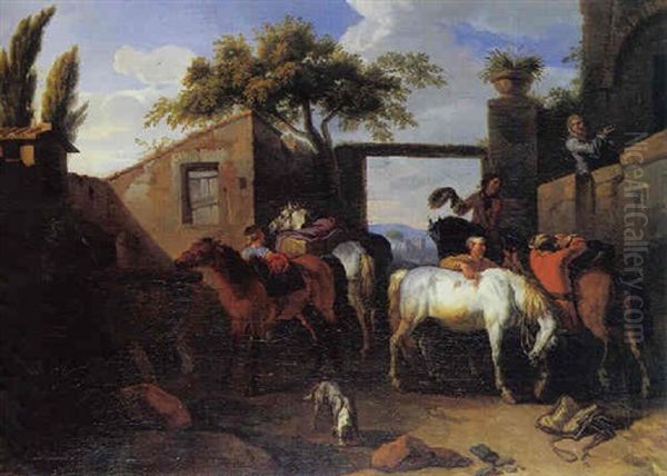 La Cour D'un Relais De Poste Oil Painting by Pieter van Bloemen