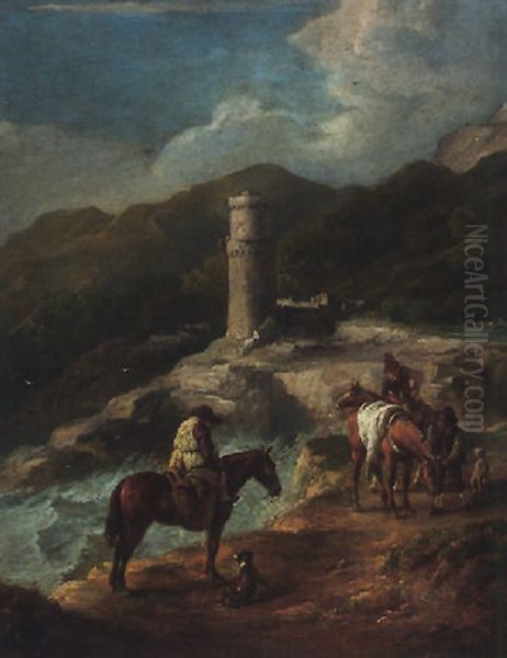 A Coatal Landscape With Travellers Resting Before A Tower Oil Painting by Pieter van Bloemen