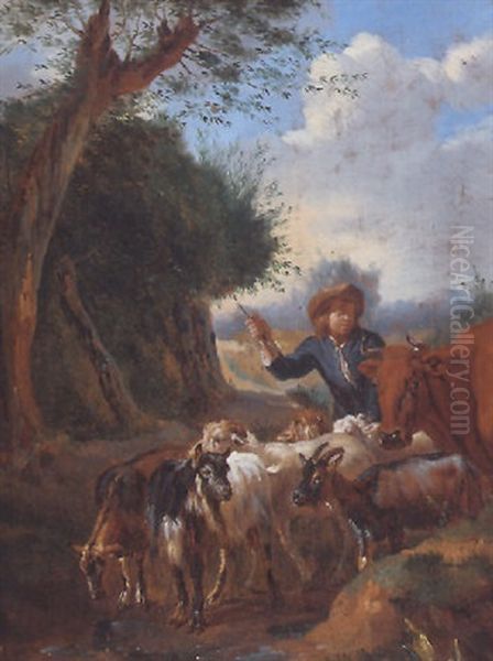 A Young Herder With Cattle And Goats In A Landscape Oil Painting by Pieter van Bloemen