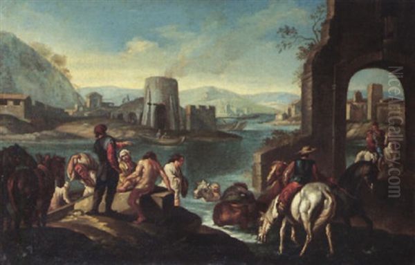 An Italianate River Landscape With Riders Watering Their Horses Oil Painting by Pieter van Bloemen