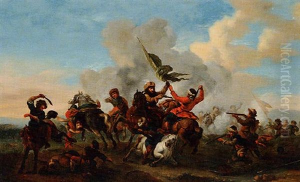 A Cavalry Battle Oil Painting by Pieter van Bloemen