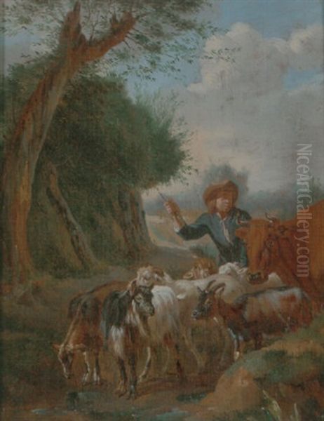 A Young Herder With Cattle And Goats In A Landscape Oil Painting by Pieter van Bloemen