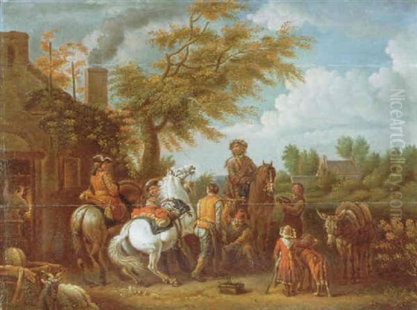 Soldiers And Other Figures On Horesback Outside A Blacksmith's Forge Oil Painting by Pieter van Bloemen