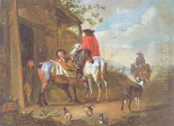 Rast Zweier Herrschaftlicher Reiter Vor Einem Landlichen Gasthof Oil Painting by Pieter van Bloemen