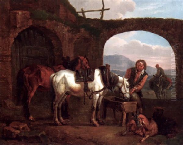 An Der Pferdetranke Oil Painting by Pieter van Bloemen