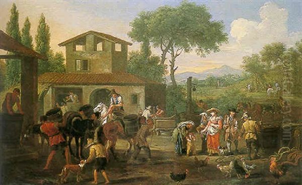 The Vendage: An Elegant Couple Visiting A Vineyard Oil Painting by Pieter van Bloemen