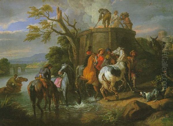 La Halte Des Cavaliers Pres Du Fourneau Oil Painting by Pieter van Bloemen