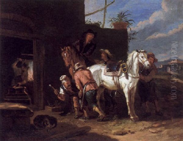 Ein Schimmel Wird Vor Der Schmiede Beschlagen Oil Painting by Pieter van Bloemen