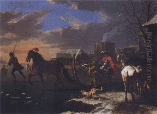 A Lady And A Gentleman In A Horsedrawn Sleigh On A Frozen River With Horses And A Barking Dog Oil Painting by Pieter van Bloemen